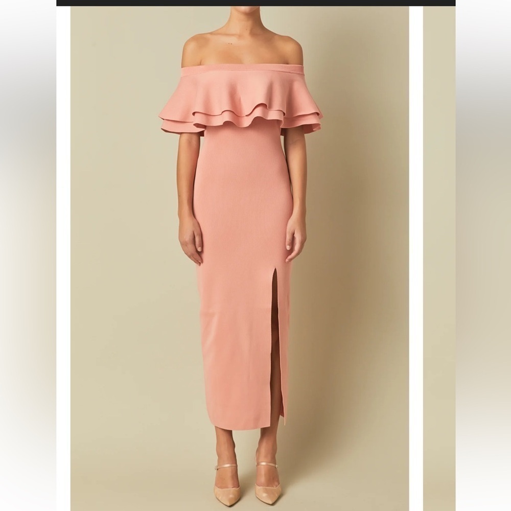 NWT endless rose off the shoulder ruffle maxi dress blush split leg size medium - Picture 2 of 11